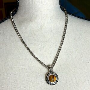Premier Designs Tigers Eye Pendant Necklace Chunky Silver Plated Statement